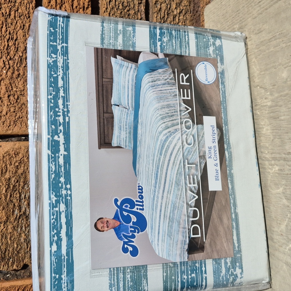 MyPillow Duvet Cover 2 Pillowcases King Size Blue Green Striped Cotton NIP
